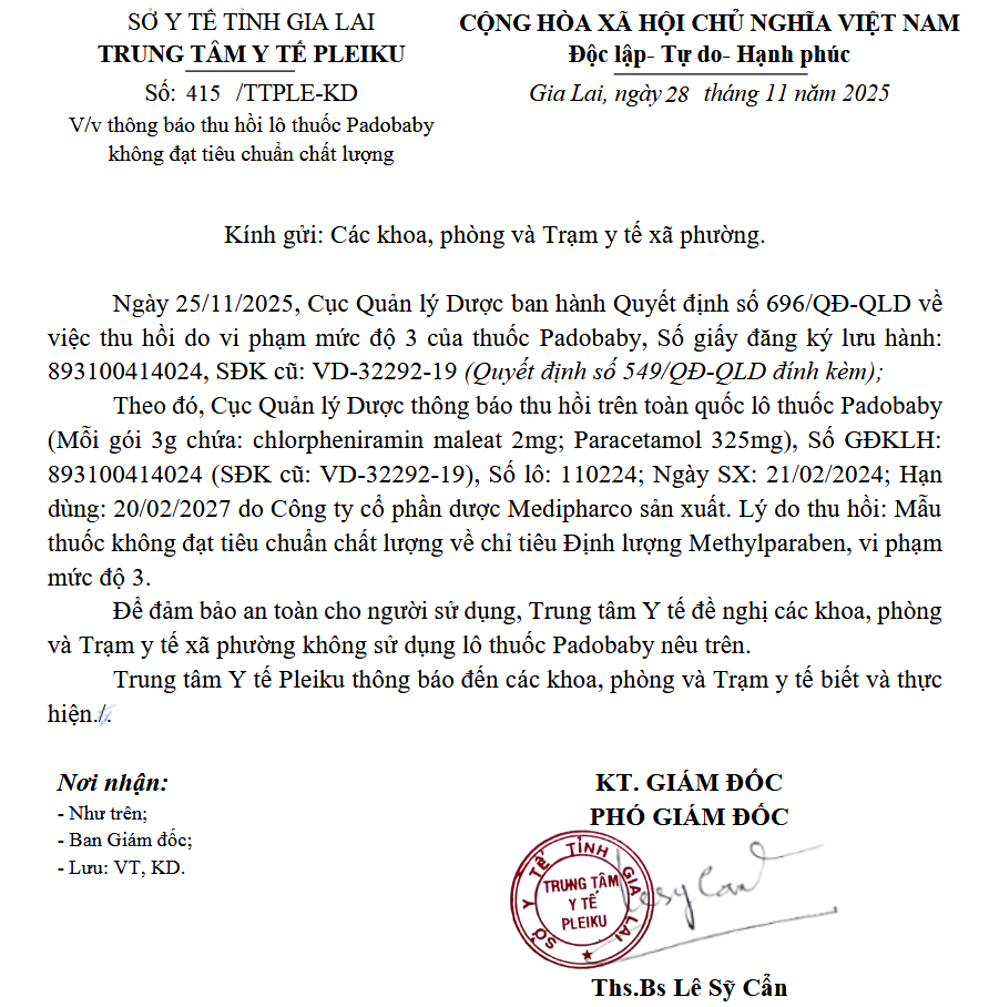 Thông báo thu hồi lô thuốc Padobaby không đạt tiêu chuẩn chất lượng